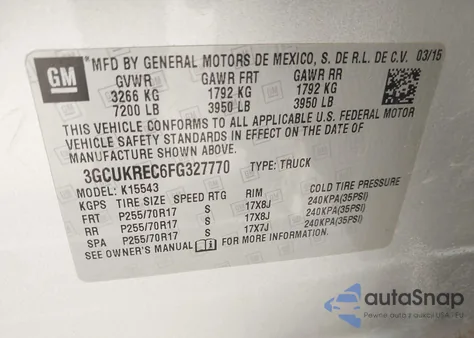 2015 Chevrolet Silverado 1500 1Lt z USA, uszkodzony, nr VIN 3GCUKREC6FG327770